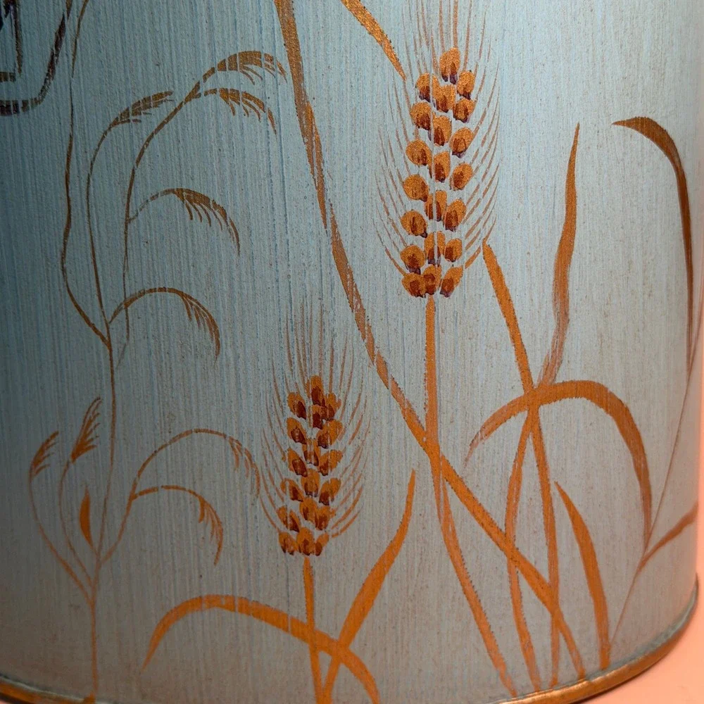 Vintage Hand Painted Metal Wastebasket Blue Gold Wheat Grasshopper Nature Decor